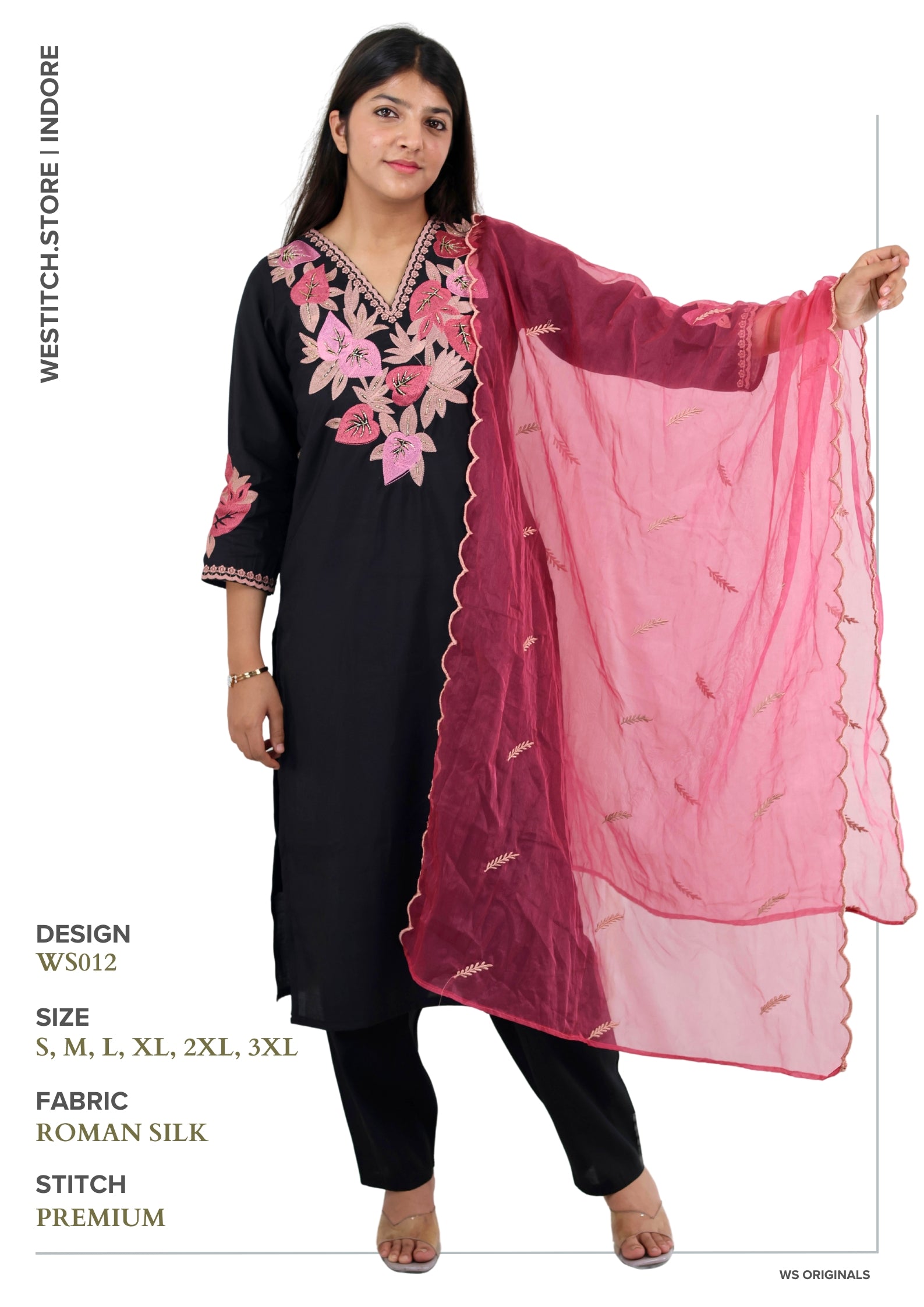 Black Kurti-Set with Pink Embroidery