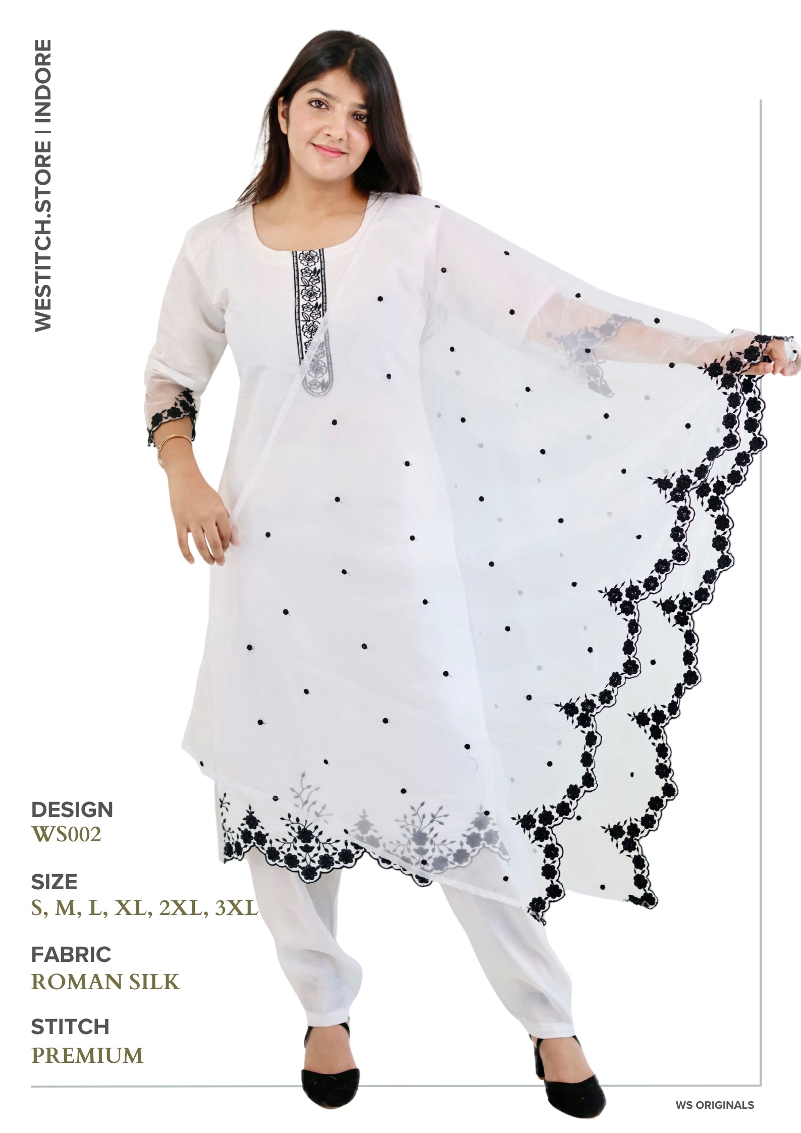Black Embroidered White Kurti-Set